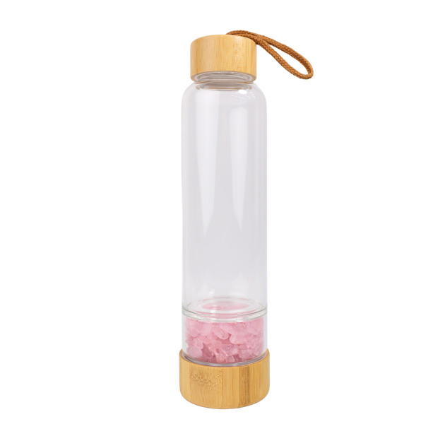 زجاجة ماء الكريستال + حجر الروز كوارتز